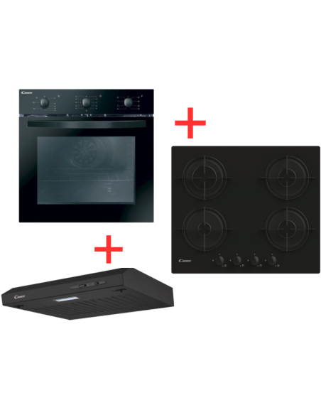 PACK ( FOUR CANDY ELECTRIQUE MULTIFONCTION 60CM NOIR+PLAQUE+HOTTE CANDY 60CM NOIR) CANDY 60 CM EN VERRE NOIR